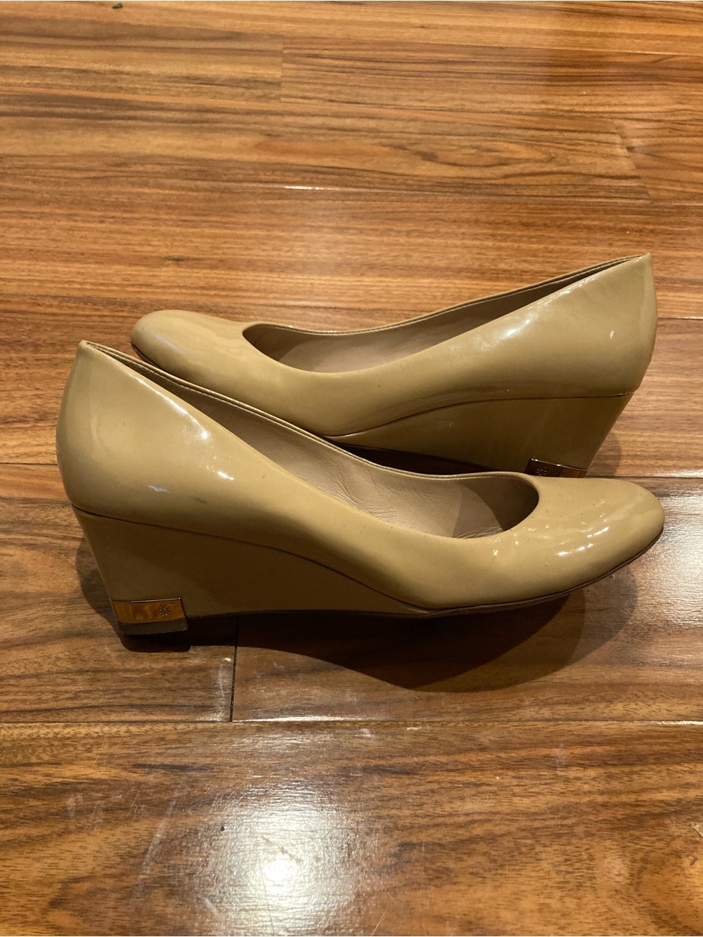 Beige Patent Wedge Pumps - Women